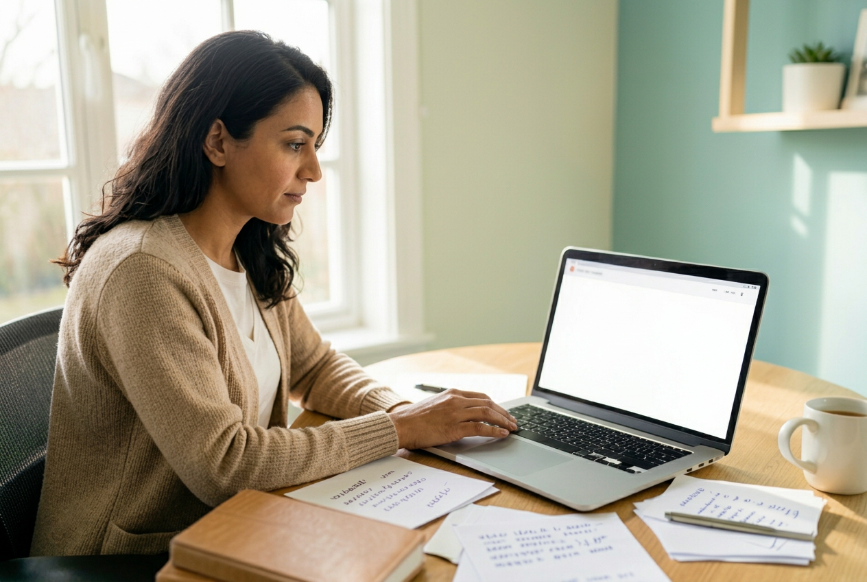 A business owner staring at a blank webpage with crossed-out drafts beside her, before using ai copywriting