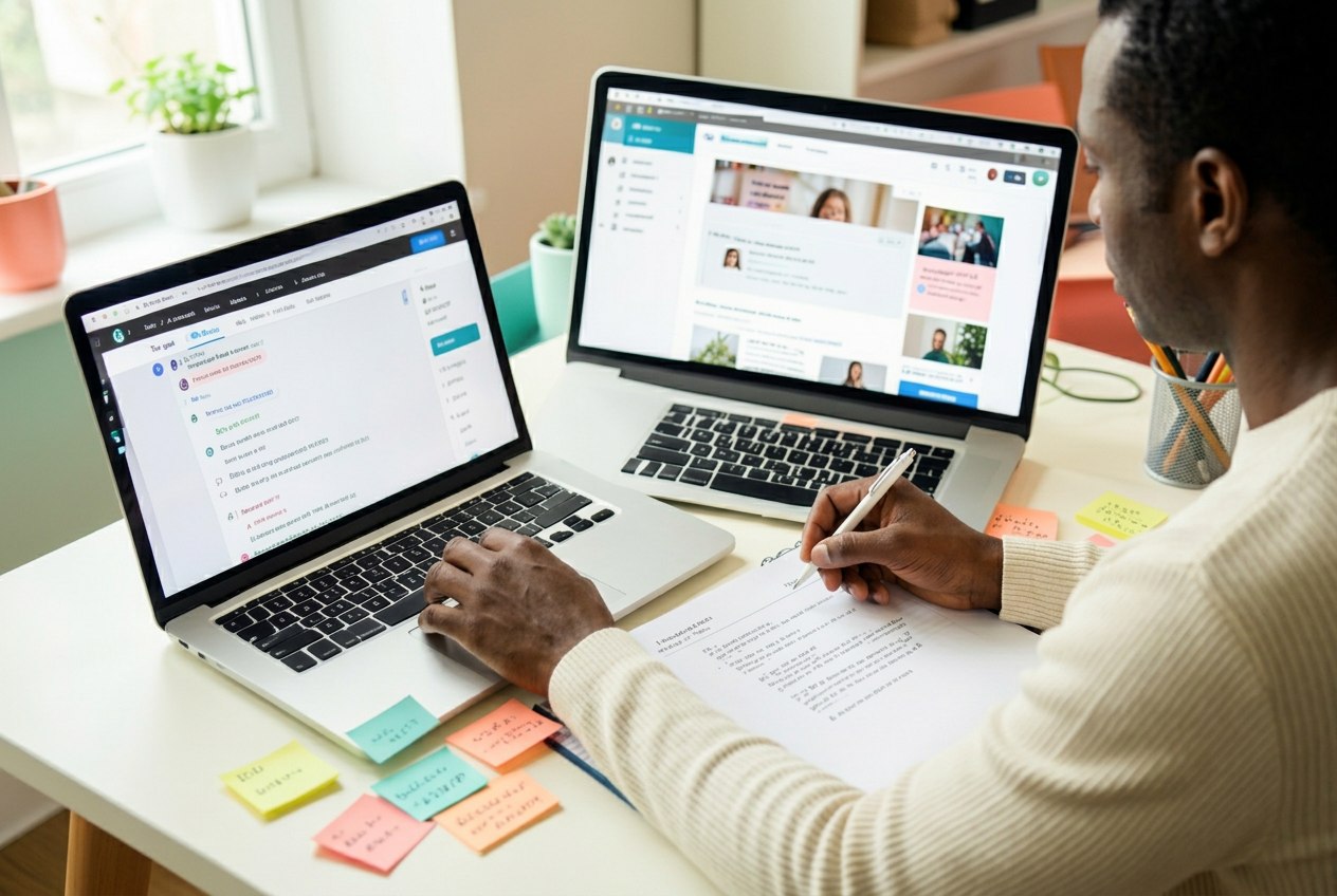A business owner copying text between a generic ai copywriting tool, a page builder and a document full of pasted paragraphs
