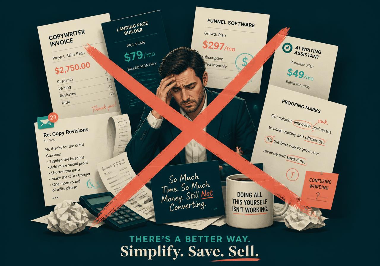 A business owner surrounded by a copywriter invoice, landing page and funnel subscriptions, revision emails and proofreading marks — crossed out because Alive24 removes the need entirely