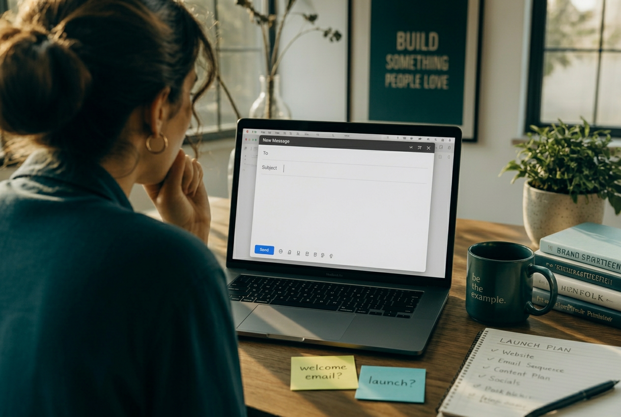 A business owner staring at a blank draft in her email marketing software with an empty subject line