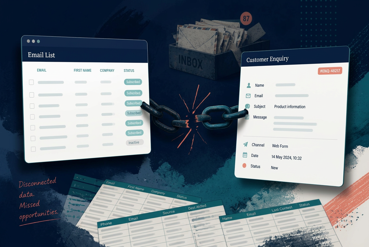 An email list window and a customer enquiry record joined by a broken chain link