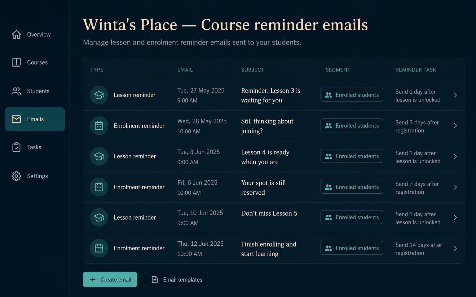 An Alive24 list of course and enrolment reminder emails with dates, subject lines and the enrolled-students segment