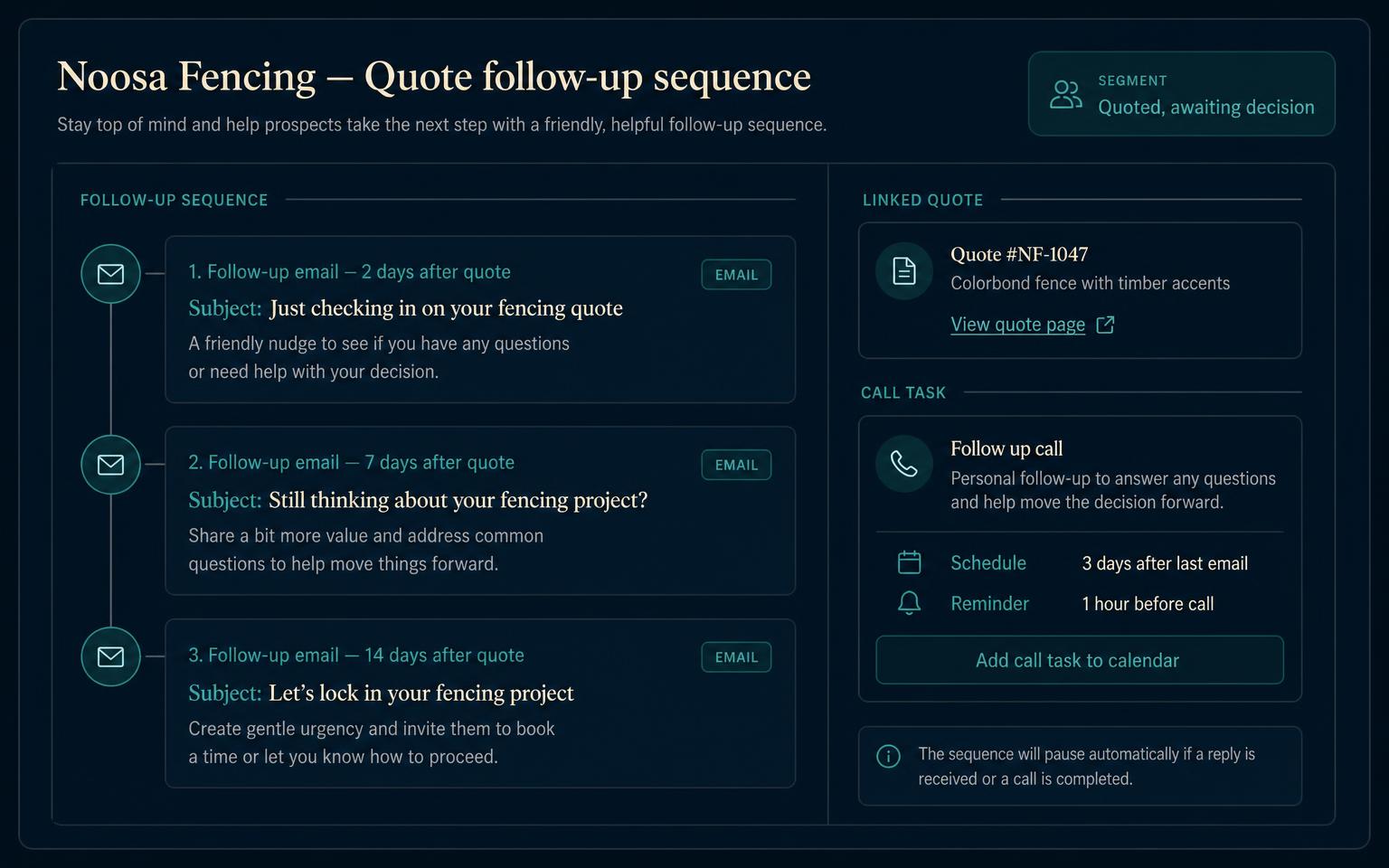 An Alive24 quote follow-up sequence with subject lines, the quoted-awaiting-decision segment, the linked quote and a call task