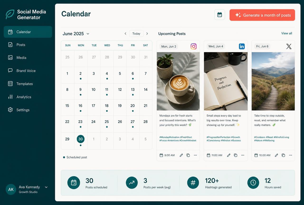 A month of posts, captions and images in one click