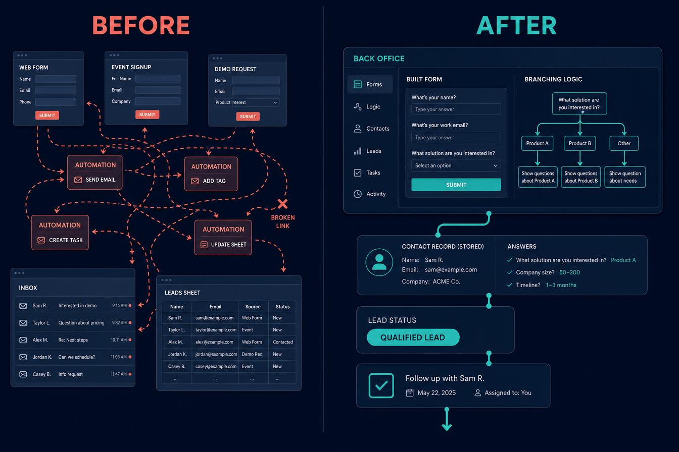Separate form apps, a tangle of automations, an inbox and a spreadsheet on the left, rebuilt on the right as one form with conditional logic, a stored contact record with answers, a lead status and a follow-up task inside Alive24