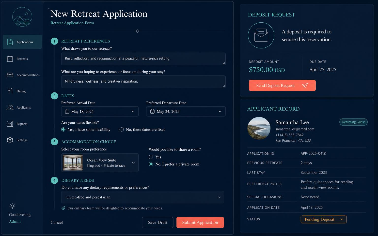 An Alive24 retreat application form with preferences, dates, room choice, a deposit request and the stored applicant record