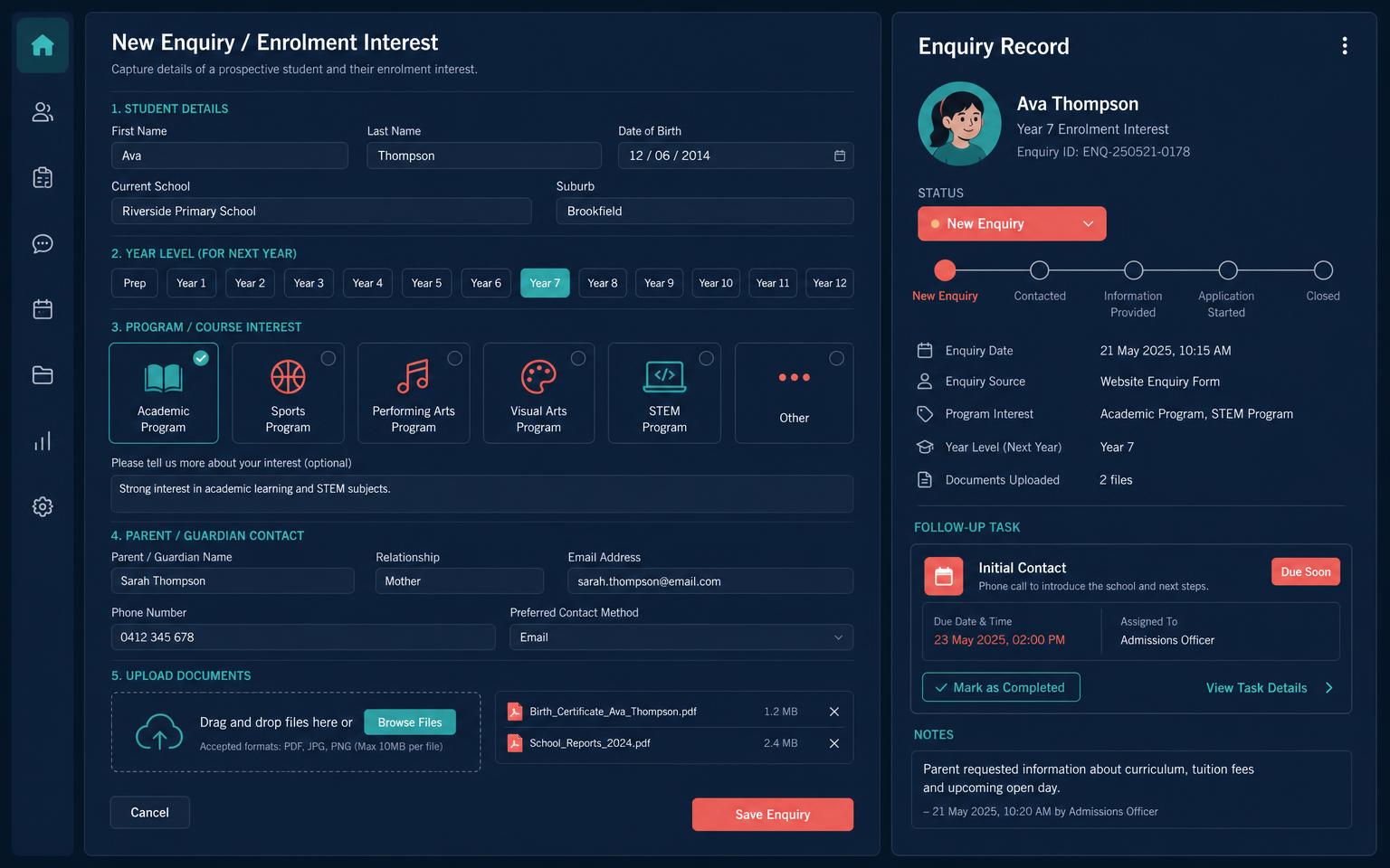 An Alive24 enrolment interest form with student details, uploads and the enquiry record with a follow-up task