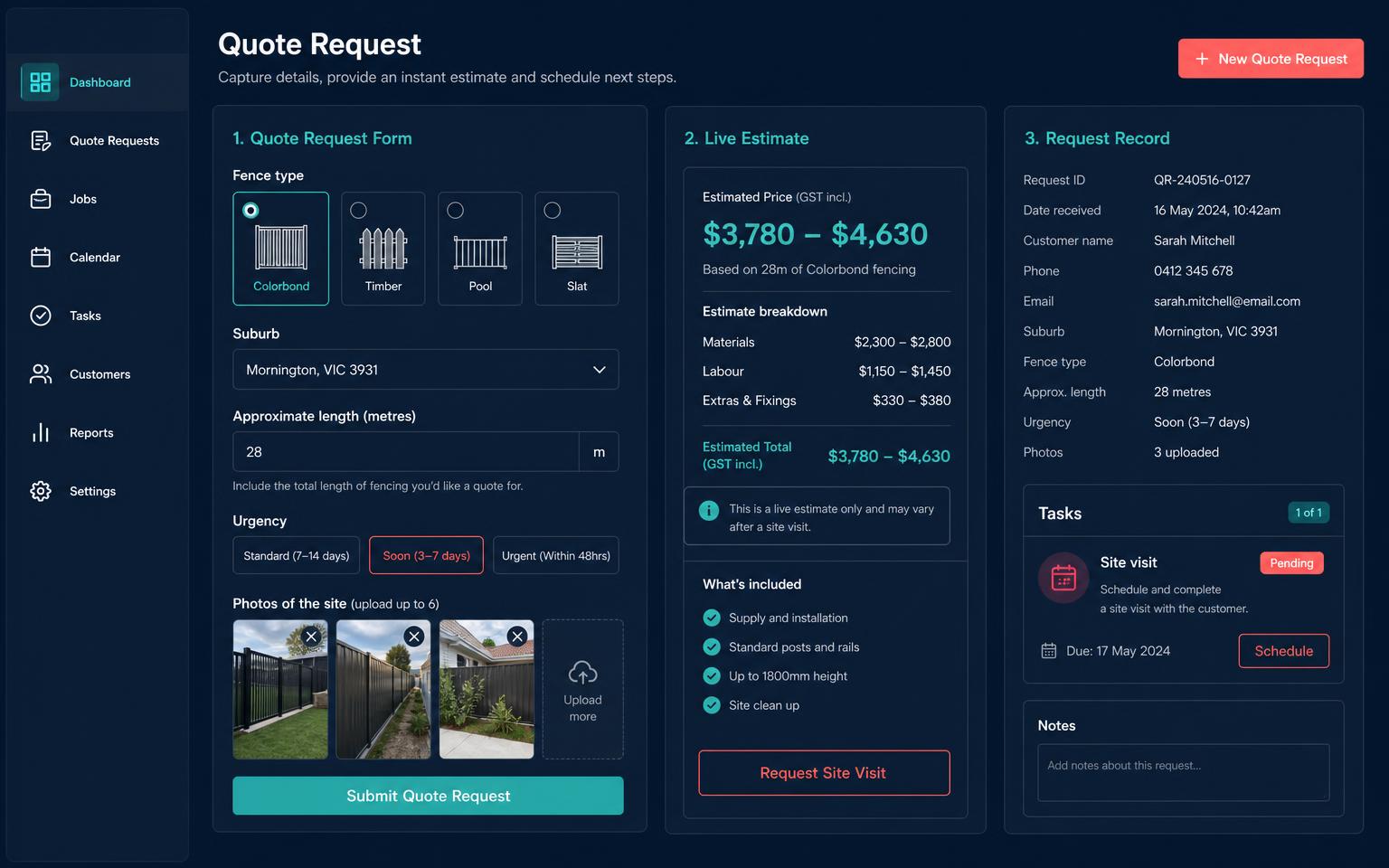 An Alive24 quote-request form with fence type, suburb, photo uploads, a live estimate and a site-visit task