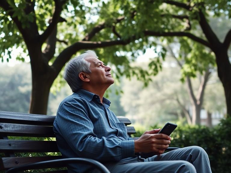Man on a garden bench watching birds in the trees