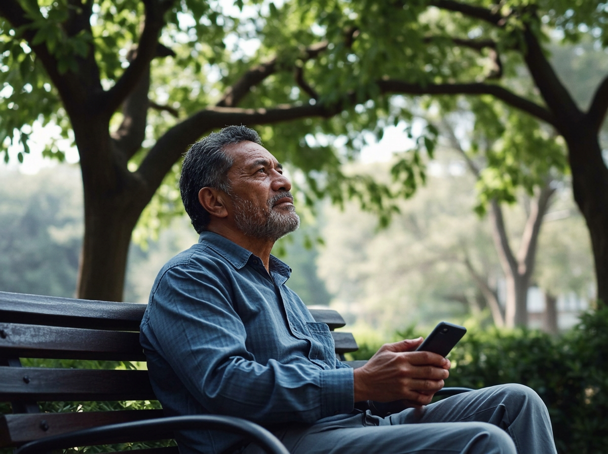 Man on a garden bench watching birds in the trees