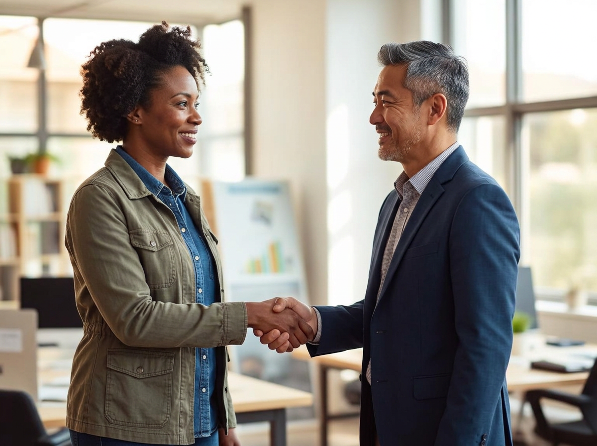 Two people shaking hands and laughing after a good meeting