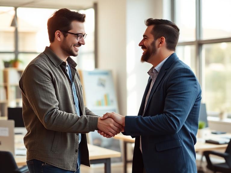 Two people shaking hands and laughing after a good meeting