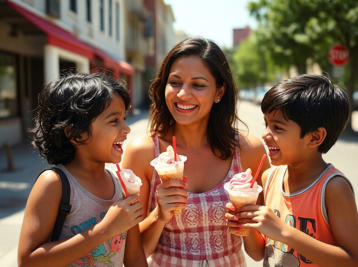 Mother and two children laughing over ice cream on a sunny street
