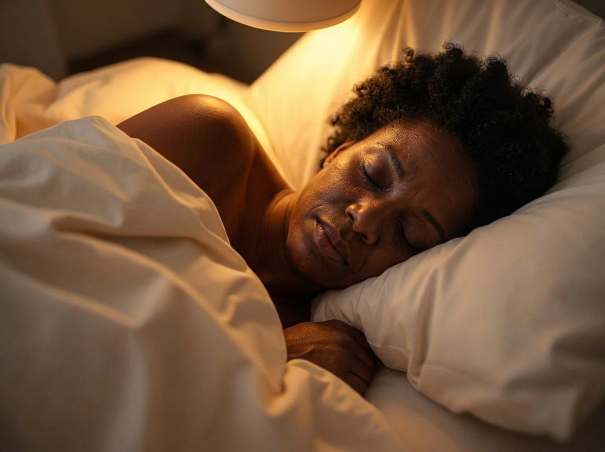 Woman sleeping peacefully in warm lamplight