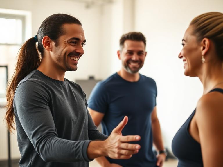Coach greeting a client with energy in a bright studio