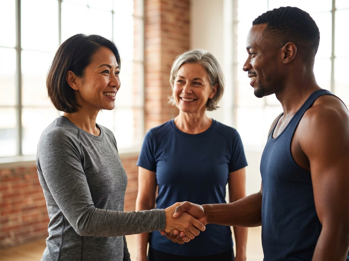 Coach greeting a client with energy in a bright studio