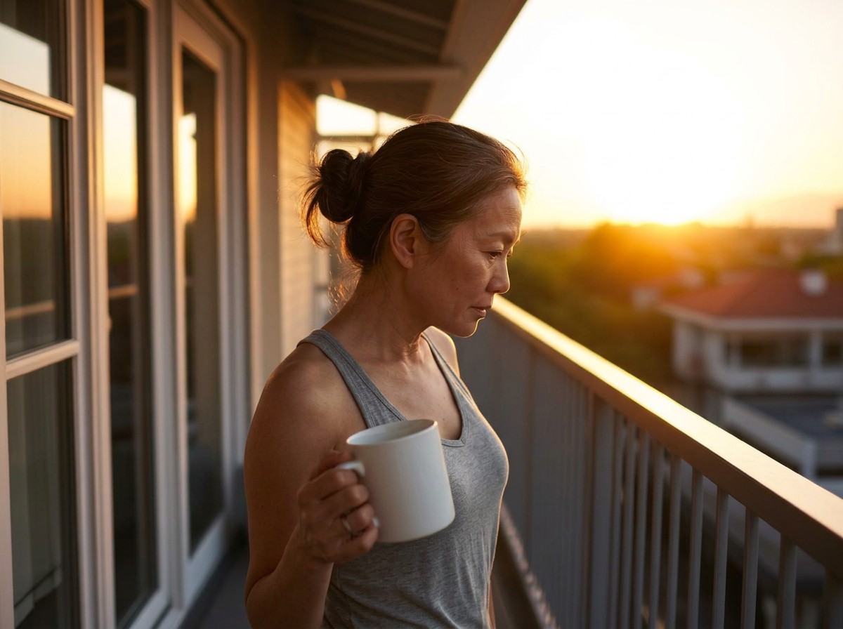 Woman with a mug watching the sunrise from her balcony