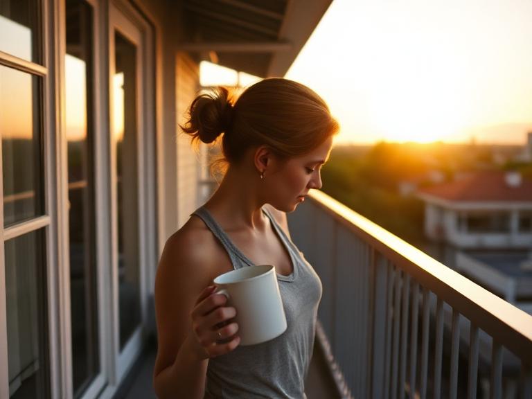 Woman with a mug watching the sunrise from her balcony