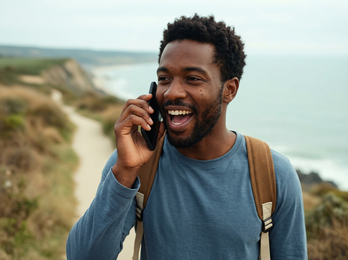 Man recording a voice note on a coastal walk