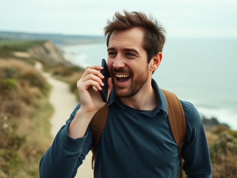 Man recording a voice note on a coastal walk