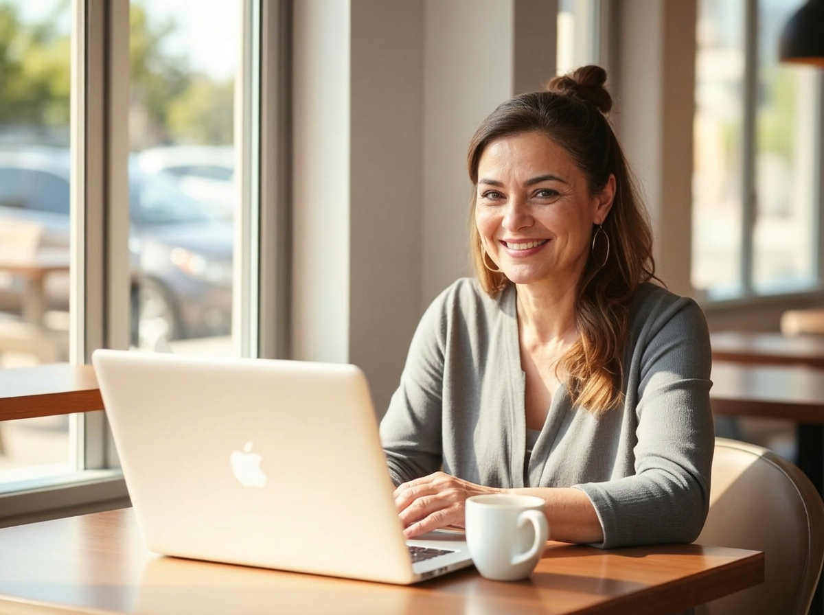 Owner smiling at her laptop over morning coffee