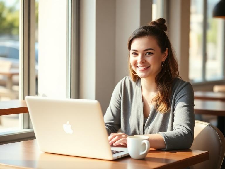 Owner smiling at her laptop over morning coffee