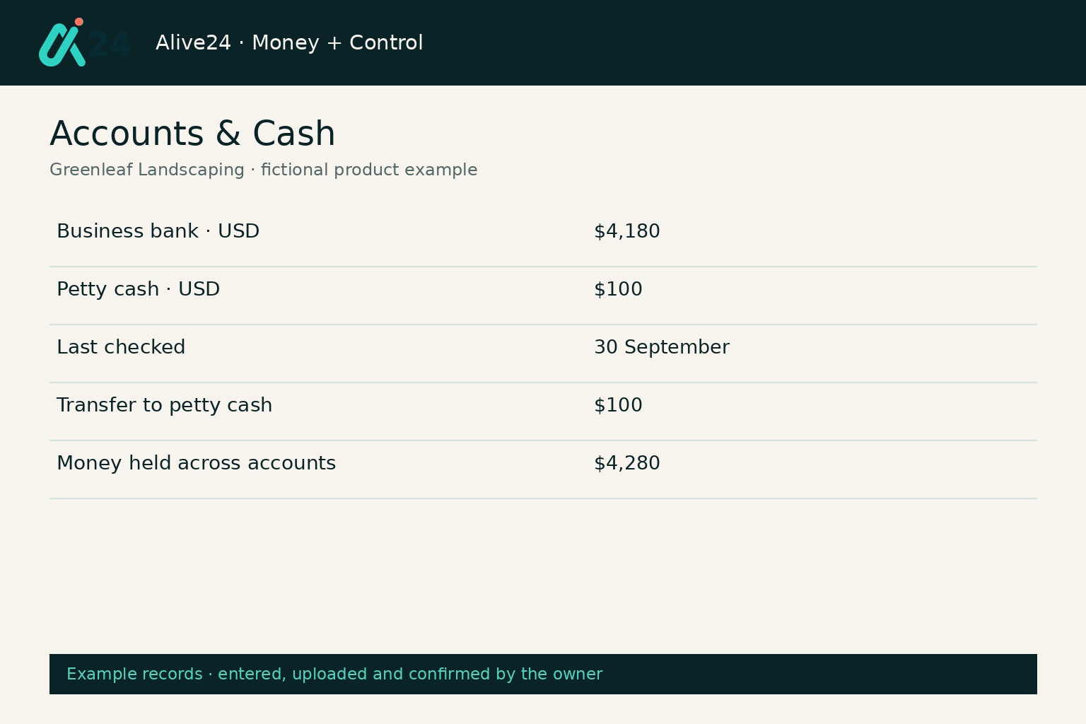An Alive24 bookkeeping + accounting example showing accounts overview