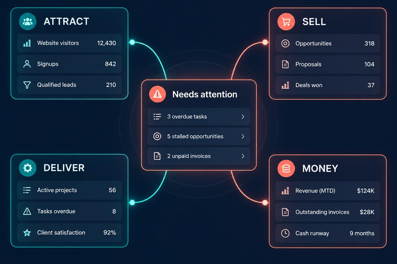 Scattered notes and separate apps beside one clear Alive24 business dashboard