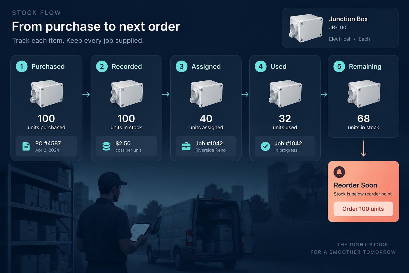 Materials counted by hand beside a simple Alive24 inventory record linked to a job