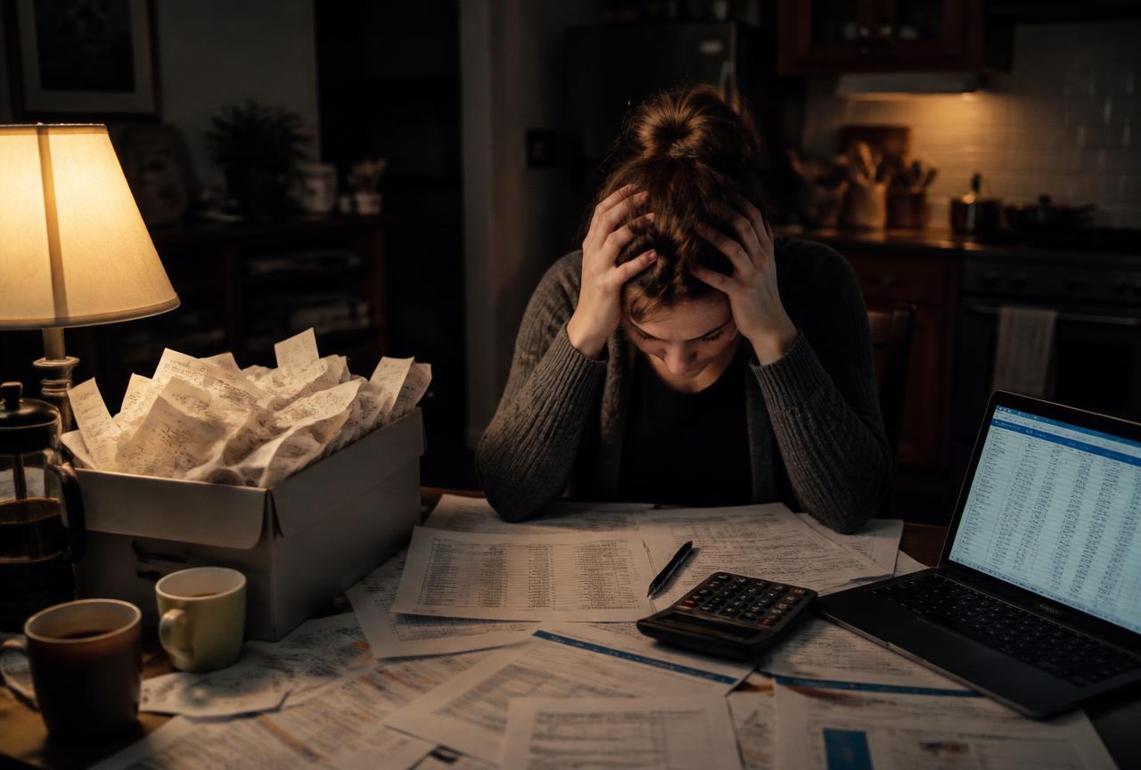 Solo business owner at a kitchen table late at night surrounded by a shoebox of receipts, printed spreadsheets and a calculator