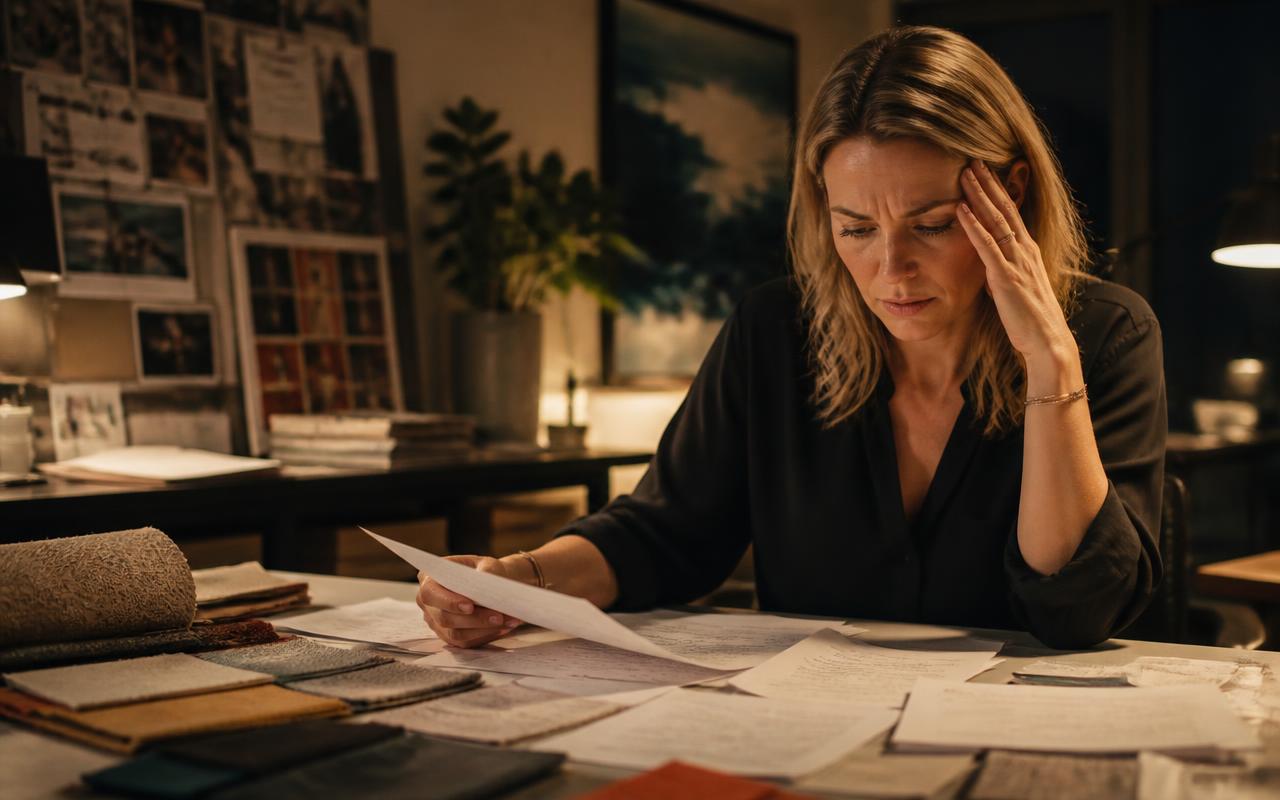 A busy interior designer working late while reviewing handwritten prices, receipts and project plans