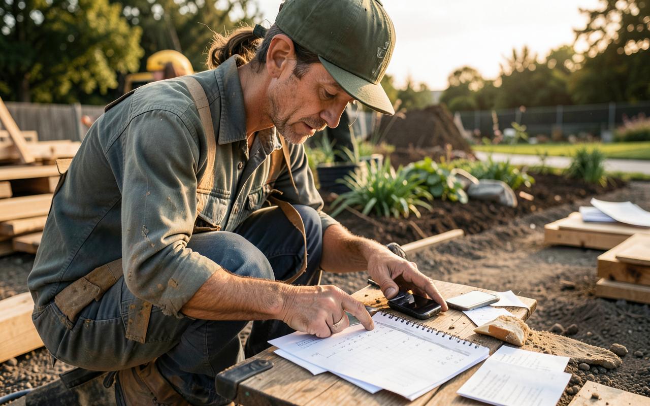 A landscaper managing a multi-stage client job from paper notes before using a job tracking app