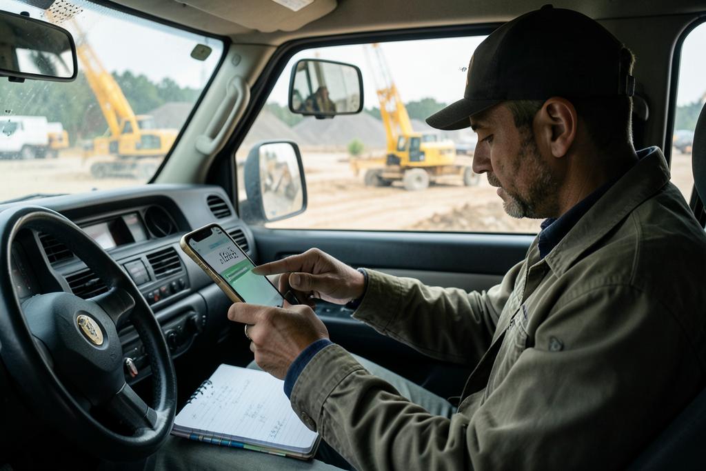 A tradesman texting a bare price from his ute with no quotation software behind it