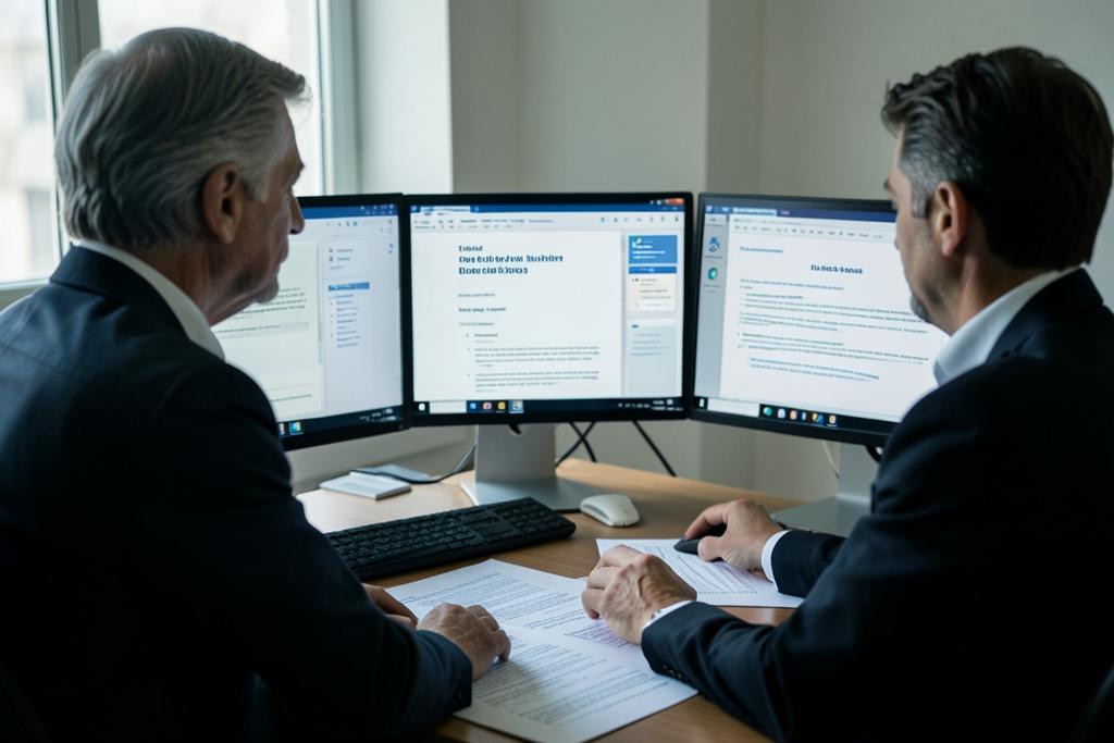 A consultant surrounded by separate proposal, signature and invoicing tools on two screens