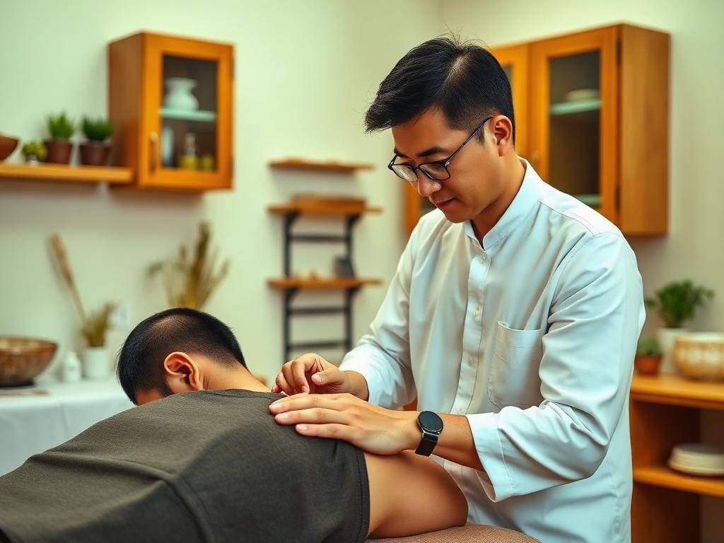 Acupuncturist treating a client in a calm clinic room