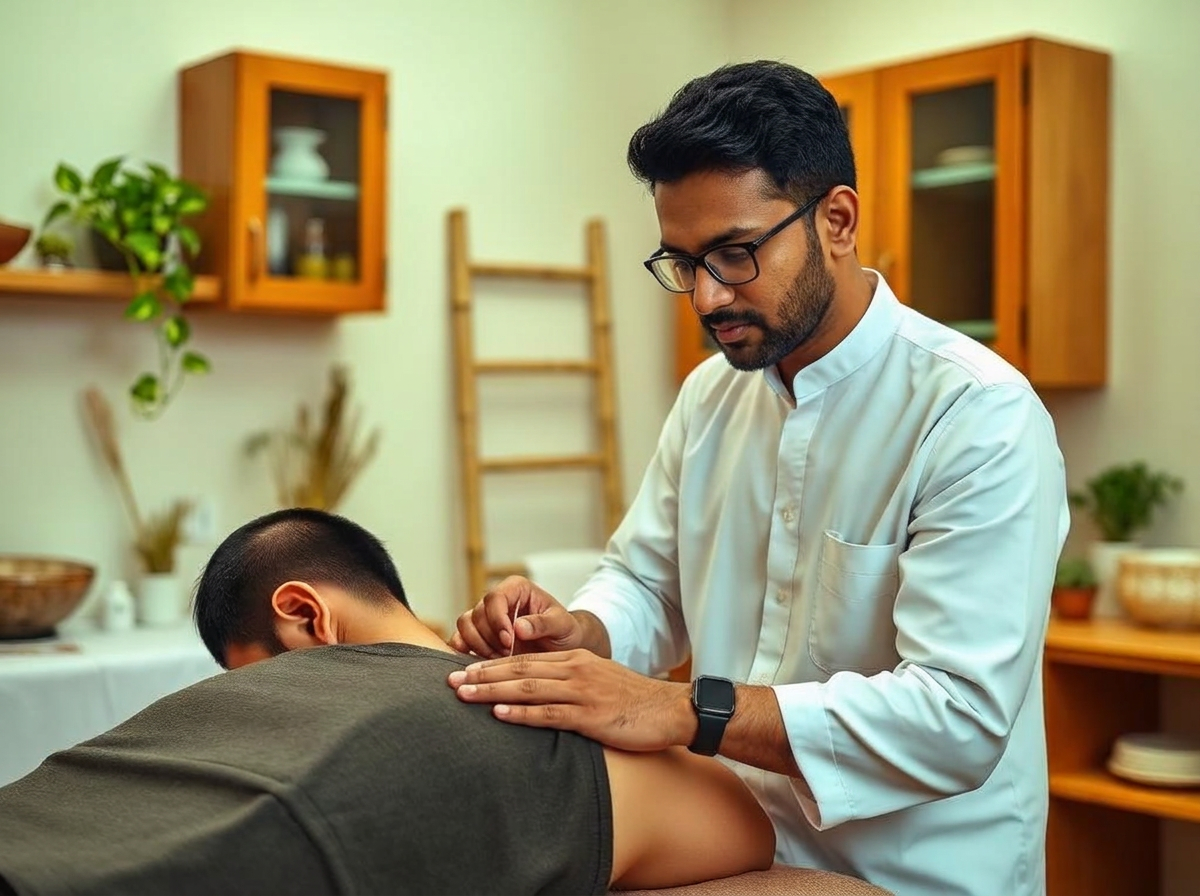 Acupuncturist treating a client in a calm clinic room