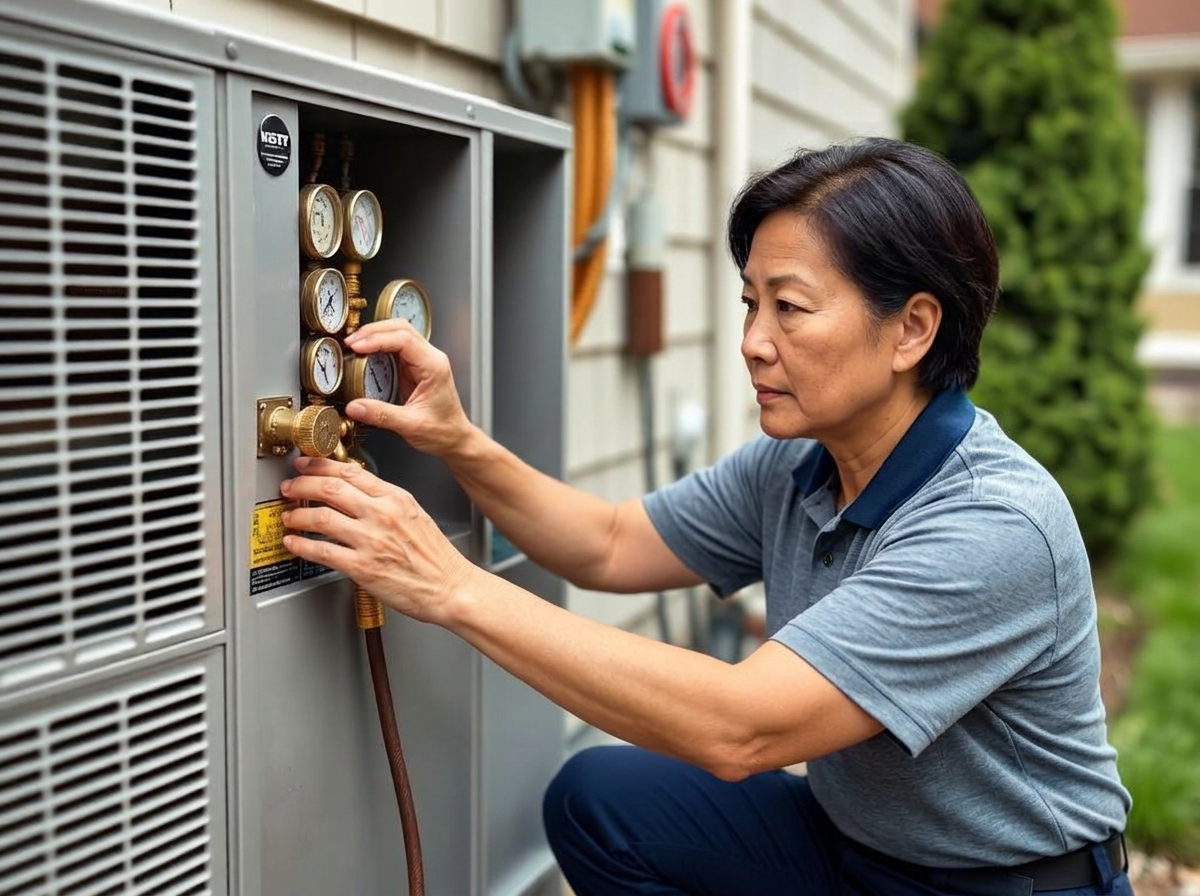 Solo air conditioning technician servicing an outdoor split system unit