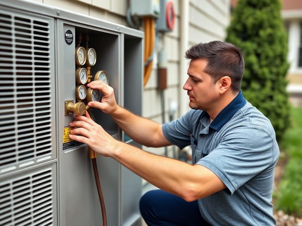Solo air conditioning technician servicing an outdoor split system unit