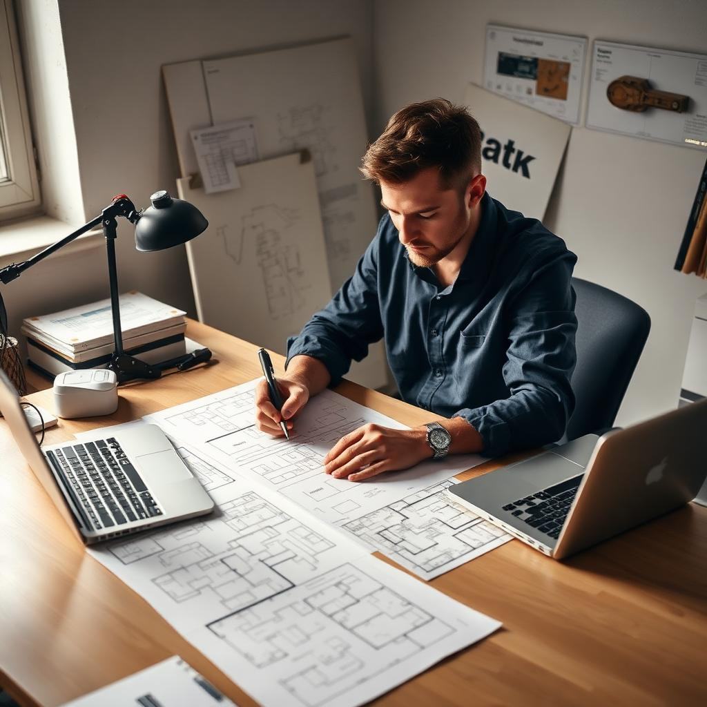 Solo architect sketching over printed floor plans at a desk