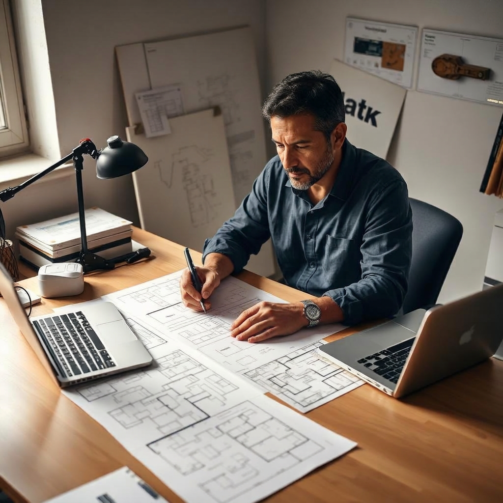 Solo architect sketching over printed floor plans at a desk