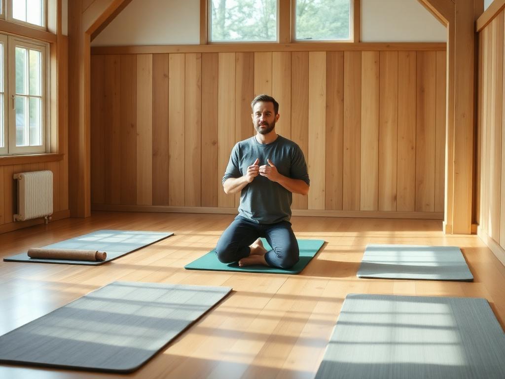 Breathwork facilitator guiding a small group session in a warm studio