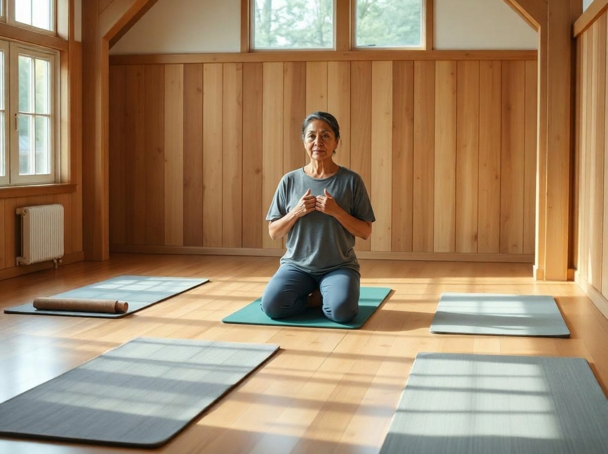 Breathwork facilitator guiding a small group session in a warm studio
