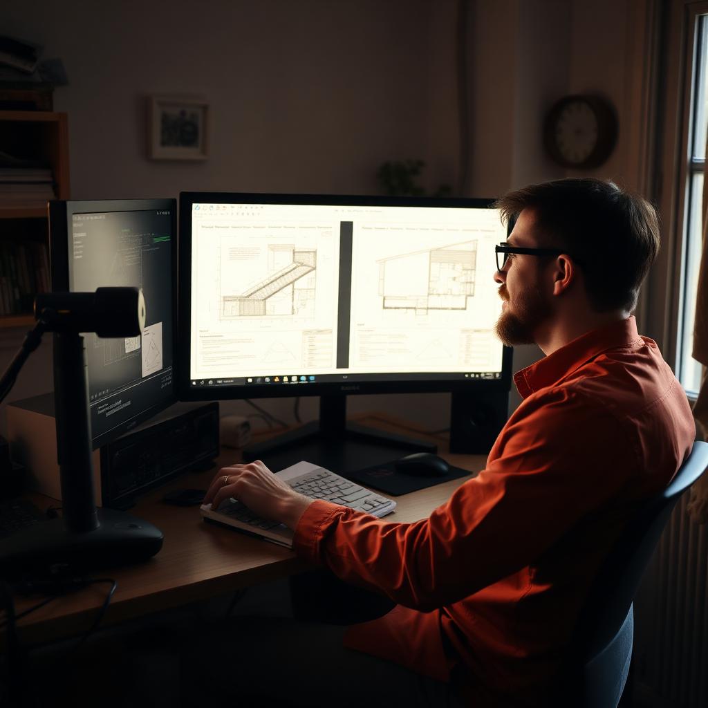 Solo building designer reviewing CAD drawings in a home studio