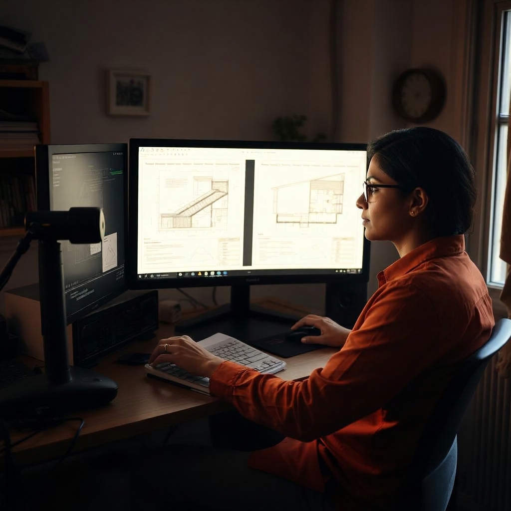 Solo building designer reviewing CAD drawings in a home studio