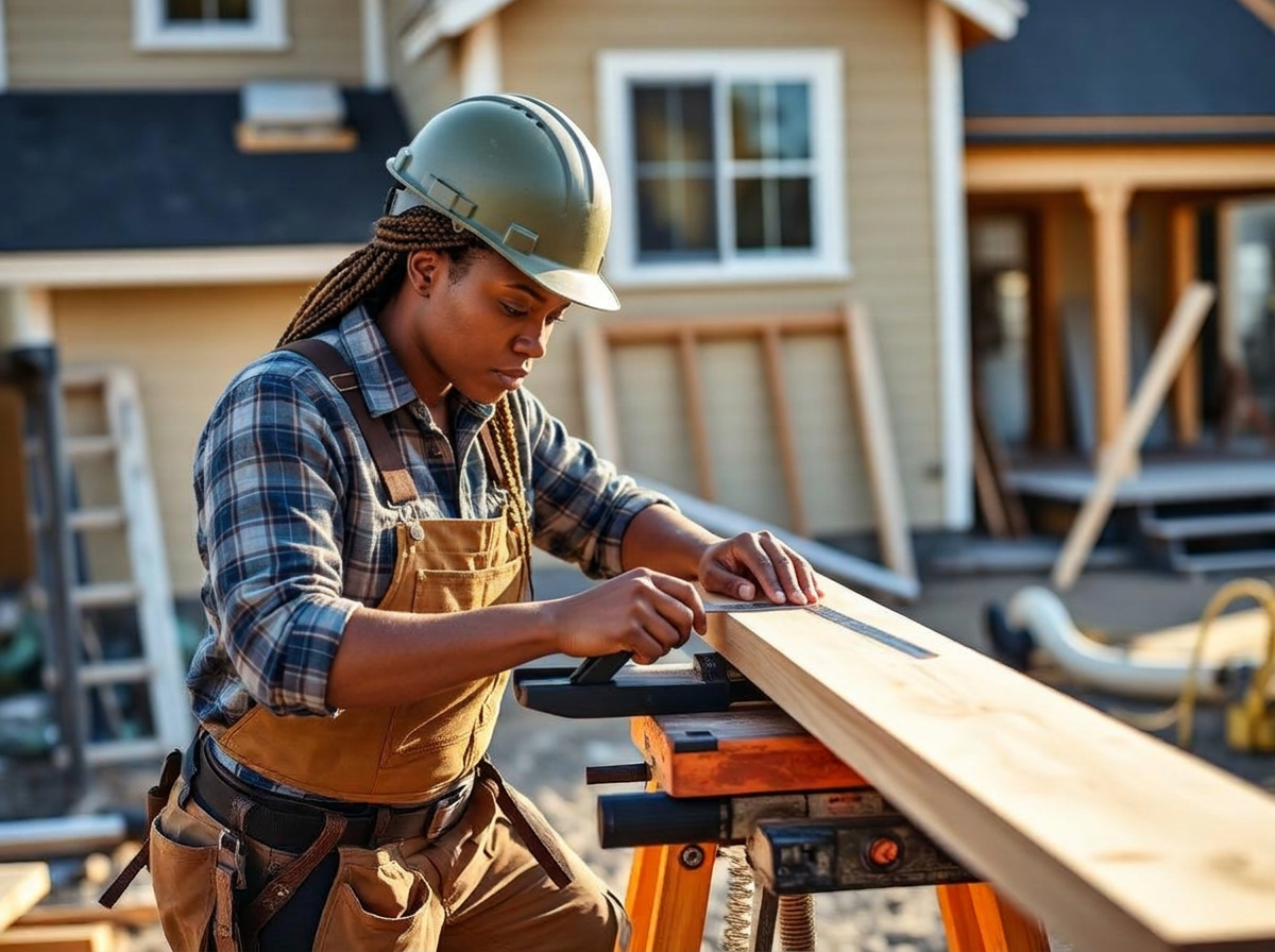 Solo carpenter measuring and cutting timber on a residential job site