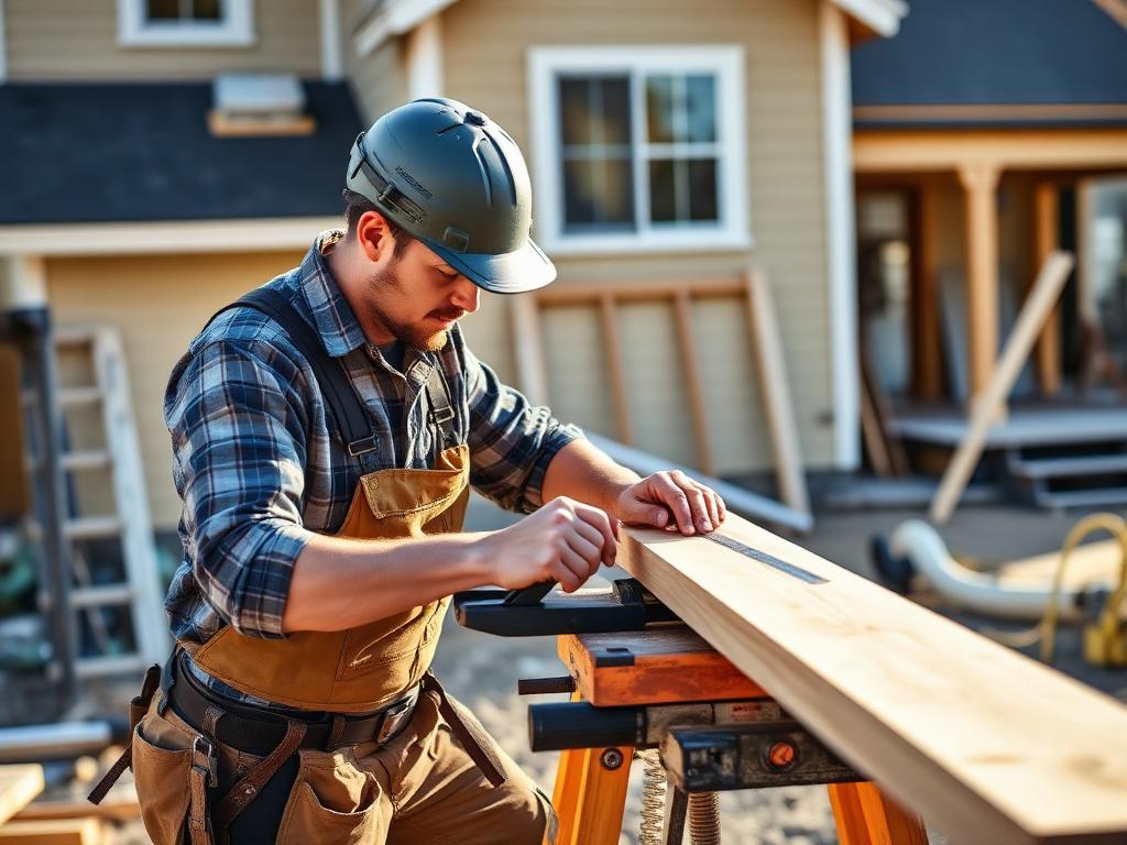 Solo carpenter measuring and cutting timber on a residential job site