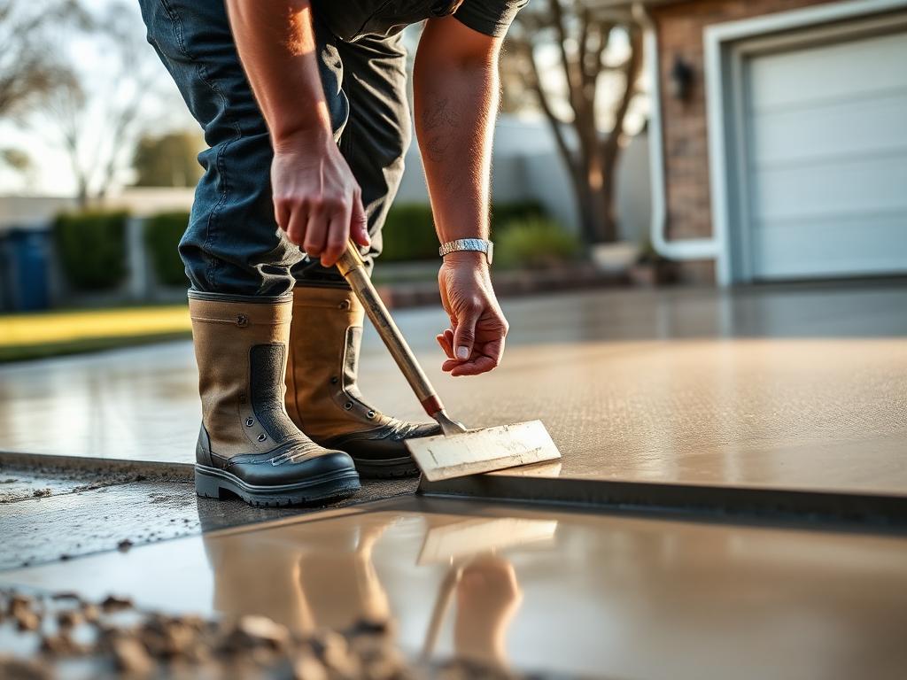 Solo concreter finishing a freshly poured driveway slab