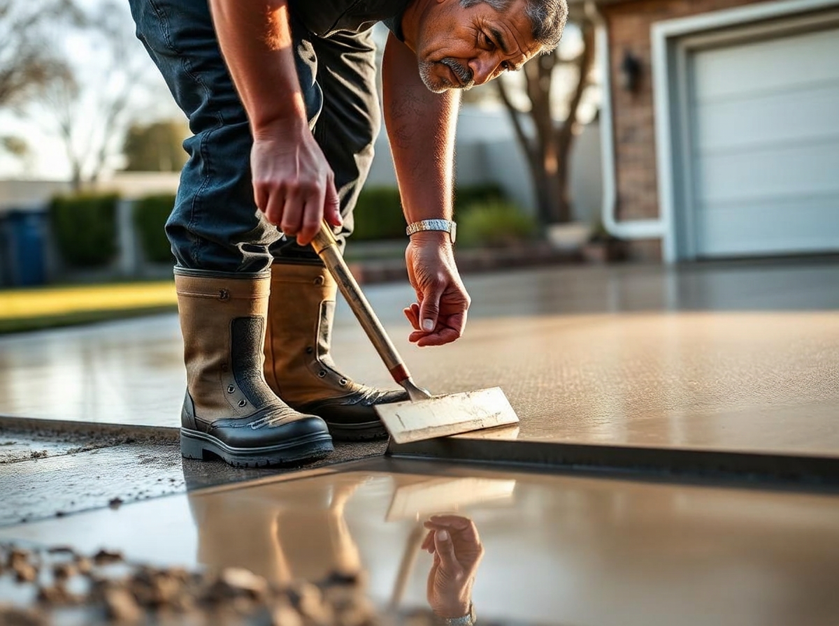Solo concreter finishing a freshly poured driveway slab