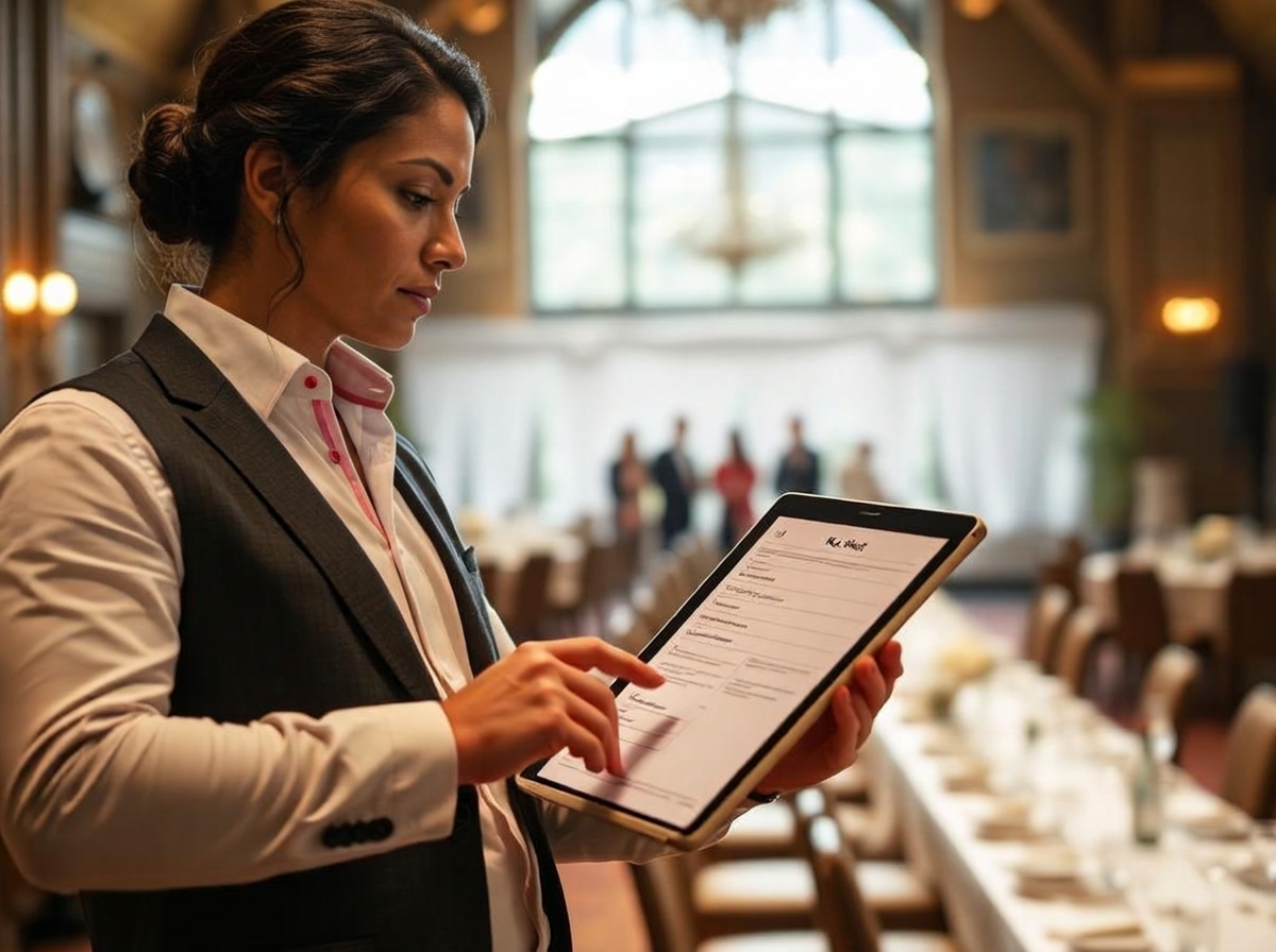 Solo event planner checking a run sheet in a styled event venue