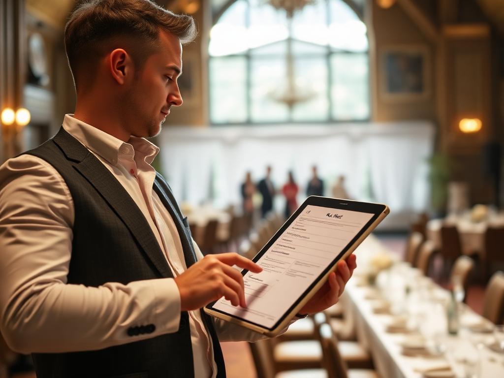 Solo event planner checking a run sheet in a styled event venue